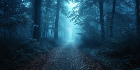 A Chilling, Misty Forest Pathway, Drenched In Blue Hues, Awaits Exploration. Сoncept Enchanting Woods, Mystical Ambience, Serene Nature, Adventure Awaits
