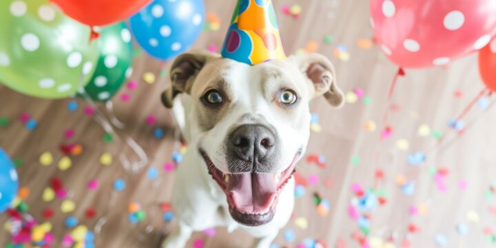A Joyful Pup Having A Blast At A Festive Birthday Celebration. Сoncept Dog Birthday Party, Festive Decorations, Joyful Pup, Celebration Photos, Playful Poses