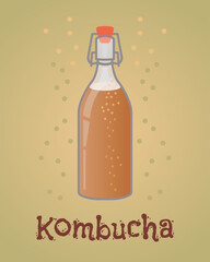 Kombucha. Organic kombucha tea drink in flip-top bottle. Flavored cold tea drink with fermentation byproducts. Hand drawn vector eps.