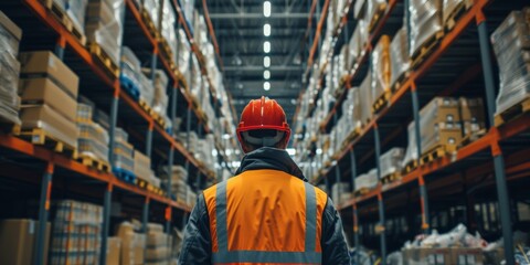 A Skilled Worker In Safety Gear Navigates A Bustling Warehouse Of Merchandise. Сoncept Warehouse Operations, Safety Equipment, Skilled Worker, Merchandise Management - obrazy, fototapety, plakaty