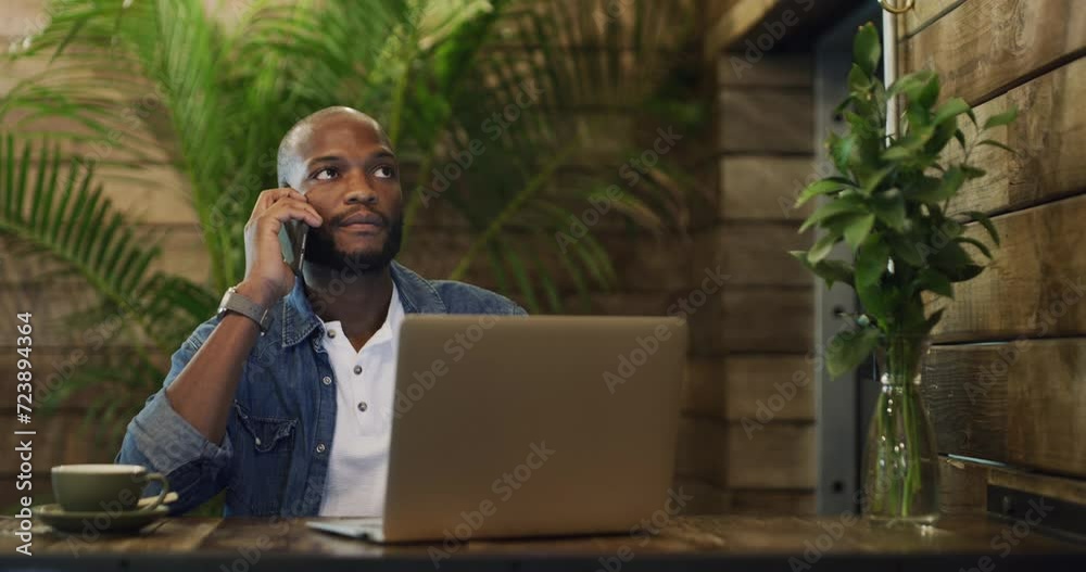 Poster black man, phone call and laptop at cafe for remote work or conversation with cup of latte in relax 
