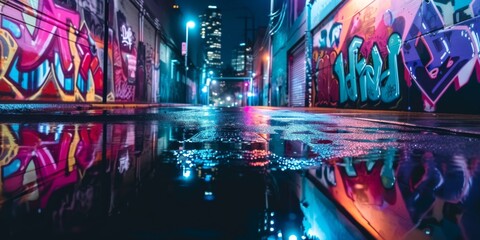 An Energetic Cityscape At Night: Rainy Streets, Street Art, And Lively Illumination. Сoncept Serenity By The Sea: Beach Yoga, Sunset Meditation, Tranquil Waves