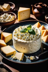 Fresh cheese similar to cottage cheese, often served as a side dish or mixed into other dishes by ai generated