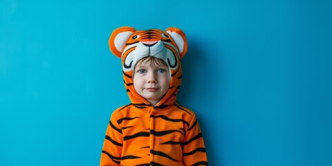 Adorable Tiger-Clad Halloween Boy Poses Against Blue Backdrop. Сoncept Nature-Inspired Still Life, Candid Wedding Moments, Dramatic Black And White Portraits, Lifestyle Product Photography