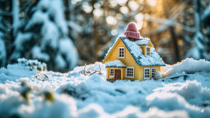 Naklejka premium Toy house sitting in snow. Perfect for winter-themed designs and holiday concepts