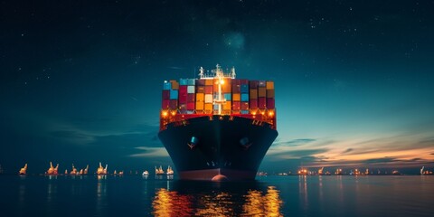 Container Ship Illuminated Against The Night Sky In Bustling Port. Сoncept Urban Landscape At Sunset, City Skylines, Nighttime Reflections, Industrial Photography, Shipping Industry - obrazy, fototapety, plakaty