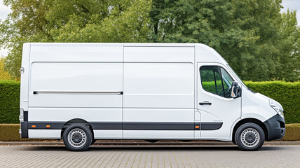 White delivery cargo van transport parked outdoor in the city.
