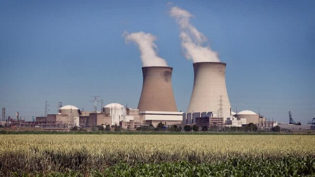 Nuclear Power station in Belgium with two smoking towers