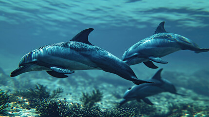 Obraz premium Dolphins gracefully swimming in ocean. Ideal for marine life enthusiasts and nature lovers