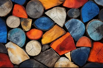 Wandaufkleber Wooden background from a pile of chopped firewood in different colors. Generative Ai © Alexandra