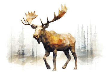 Polygonal elk on the background of the forest. Generative Ai