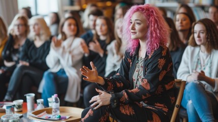 Engaged young woman with pink hair participating in a seminar, focused audience in blurred background