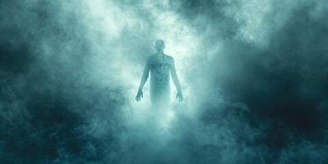 Ethereal Figure With Outstretched Hand Emerges From Mysterious Misty Backdrop. Сoncept Fantasy Portrait, Mystical Atmosphere, Enigmatic Figure, Ethereal Hand, Misty Backdrop