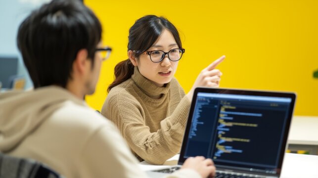 Focused Woman Explaining Code to Colleague, Coding Team Collaboration