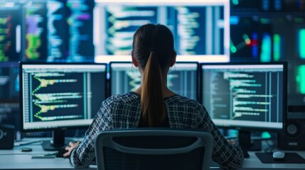 Back view of a woman working with code on computer screens in dark room, symbolizing data analysis and cybersecurity