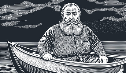Portrait of an old fisherman in a boat, engraving style, vector illustration