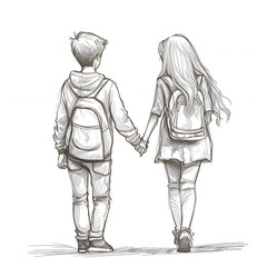 Teenage couple shyly holding hands isolated on white background, sketch, png
