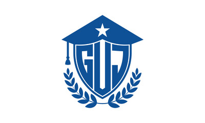 GUJ three letter iconic academic logo design vector template. monogram, abstract, school, college, university, graduation cap symbol logo, shield, model, institute, educational, coaching canter, tech
