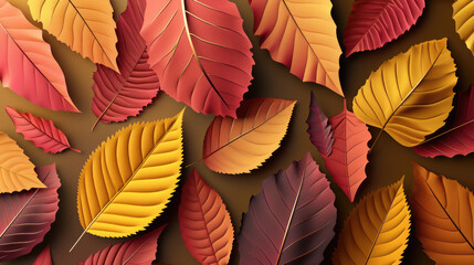 Vibrant collection of different colored leaves on warm brown background. Perfect for autumn-themed designs or nature-inspired projects