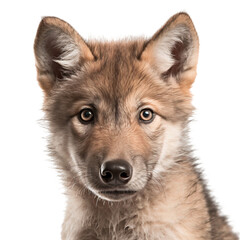 Fototapeta premium Close up of a baby gray wolf face, isolated on transparent background
