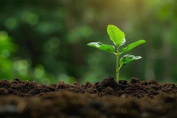 Fototapeta premium Green plant sprouting from soil, growth concept, nature background, gardening and environment themes, botanical illustrations, and educational materials or earth day celebration.