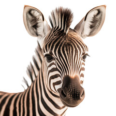 Fototapeta na wymiar Close up portrait of a zebra face, isolated on white background