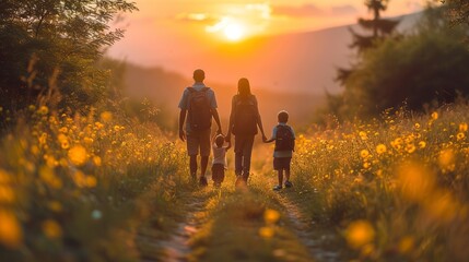 Man, woman or child holding hands on farm and sunset walking