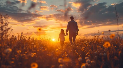 Man, woman or child holding hands on farm and sunset walking - obrazy, fototapety, plakaty
