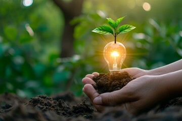 a hands holding a light bulb with a tree growing inside. Suitable for environmental innovation, sustainability, and ecofriendly concepts.