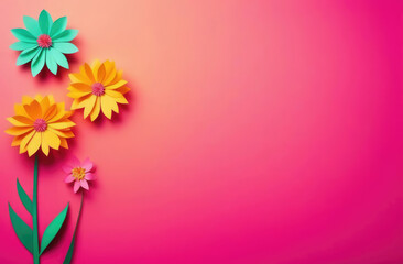 Colorful paper flowers on pink background. Floral spring background.