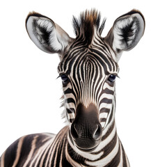 Close up portrait of a zebra face, isolated on white background