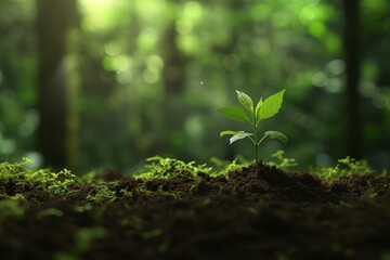 Green plant sprouting from soil, growth concept, nature background, gardening and environment themes, botanical illustrations, and educational materials or earth day celebration.