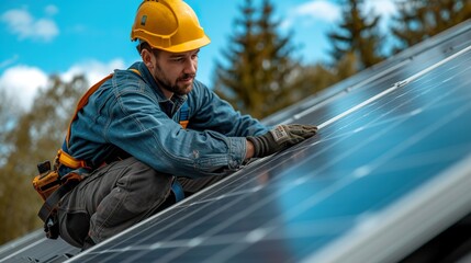 Worker technician checking and operating solar panels system on rooftop of solar cell farm power plant