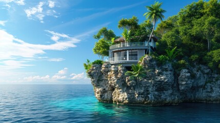 modern houses on tropical beach paradise surrounded by lush gardens, featuring palm trees, a serene ocean view, and a picturesque coastline with sandy shores and rocky elements