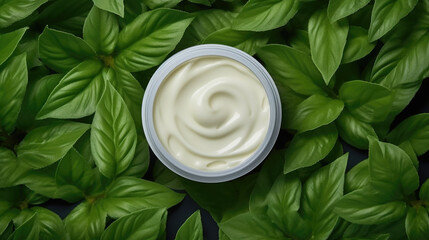 Jar of cream sitting on top of green plant. This versatile image can be used for beauty and skincare products, natural remedies, or organic lifestyle themes