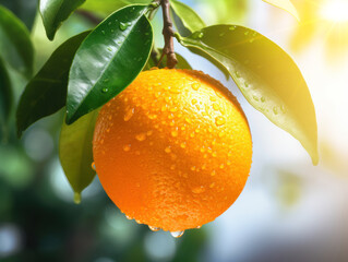 Orange hanging on a tree branch in a vibrant orchard, surrounded by fresh leaves and the beauty of nature in summer and autumn