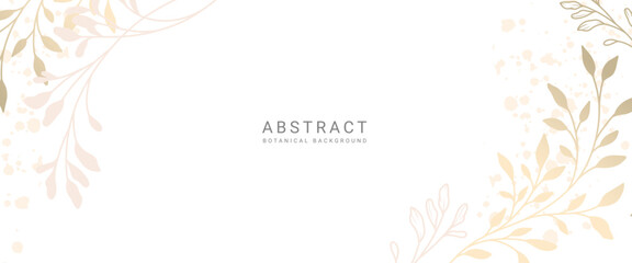 Abstract botanical background with golden line art branches and leaves. Neutral corner decoration with minimal style. Vector illustration for card, banner, invitation, advertising and packaging - obrazy, fototapety, plakaty