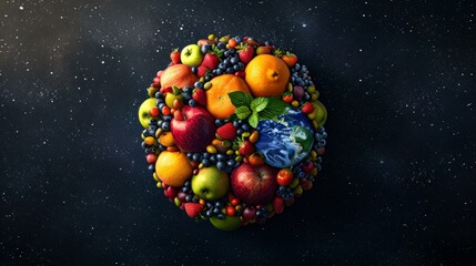 Planet earth made of fruits. View from space to earth. 
