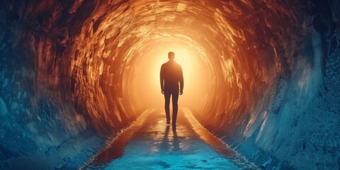 Man Walks Through Tunnel Towards Bright Light, Symbolizing Spiritual Journey And Transcendence. Сoncept Spiritual Awakening, Journey Towards Enlightenment, Transcending Darkness, Path To Inner Light