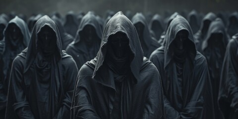 Menacing Figures In Hooded Cloaks Gather Ominously Under Cover Of Darkness. Сoncept Dark Secrets, Shadowy Encounters, Cloaked Figures, Ominous Gathering, Under The Cover Of Darkness - obrazy, fototapety, plakaty