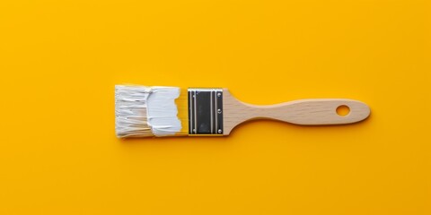 Paintbrush Covered In White Paint Against A Vibrant Yellow Backdrop In Mockup. Сoncept Artistic Mockup, White Paint On Paintbrush, Vibrant Yellow Backdrop