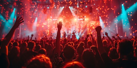 People Celebrating At A Concert, Enhanced With Artificial Intelligence Technology. Сoncept Virtual Reality Gaming, Adventure Sports, Creative Art Workshops, Wellness Retreats, Sustainable Fashion