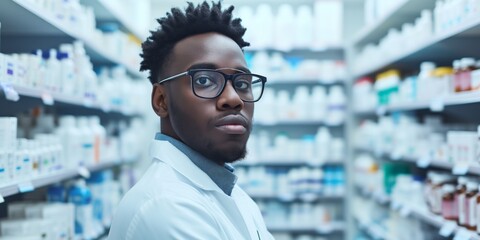 Pharmacist Of African American Descent Working Diligently In A Bustling Pharmacy. Сoncept Rainbow-Hued Festivals, Calm Ocean Retreat, Adventurous Mountain Hikes, Whimsical Garden Escapes