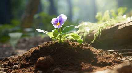 Small purple flower sitting on top of pile of dirt. This image can be used to represent growth, resilience, or beauty found in unexpected places - Powered by Adobe