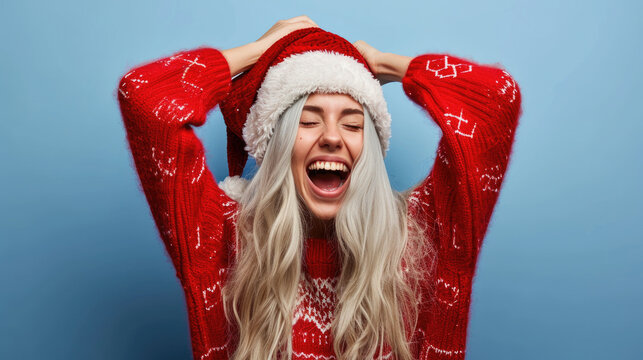 Woman wearing red sweater and Santa hat. This image can be used for Christmas-themed designs and holiday promotions