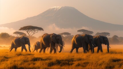 Elephants in Amboseli, Kenya, walking in front of Mount Kilimanjaro