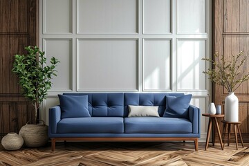 Blue sofa against paneling wall. Minimalist
