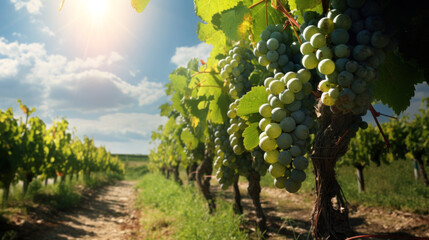 Green grapes vineyard, bunch of grapes in sunlight rays autumn harvest. Ripe grapes in fall fruit...