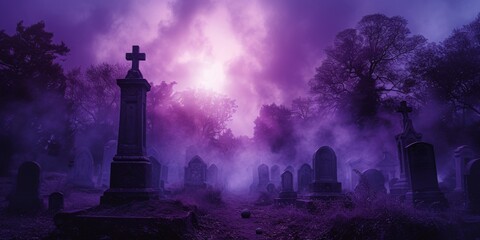 Spooky Purple Cemetery Scene Offers The Perfect Halloween Background Banner. Сoncept Autumn Leaves, Cozy Sweaters, Pumpkin Spice, Fall Foliage Road Trips, Harvest Festivals - obrazy, fototapety, plakaty
