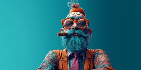 Stylish, Confident Cartoon Character Exuding Wealth And Attitude With Tattoos And Cigar. Сoncept Fashion-Forward, Daring, Animated Luxury, Inked Empowerment, Smokin' Attitude